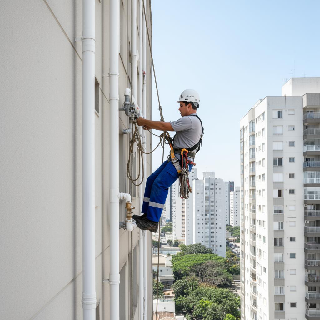 Técnico QSGÁS JEMP executando manutenção externa em tubulação de gás